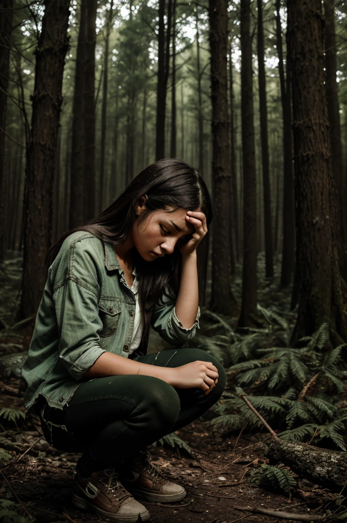  In a forest at dark night ,girl is injured and his clothes are not in good condition and she is scared and worried emotions reflecting on his face the theme should focus on girl