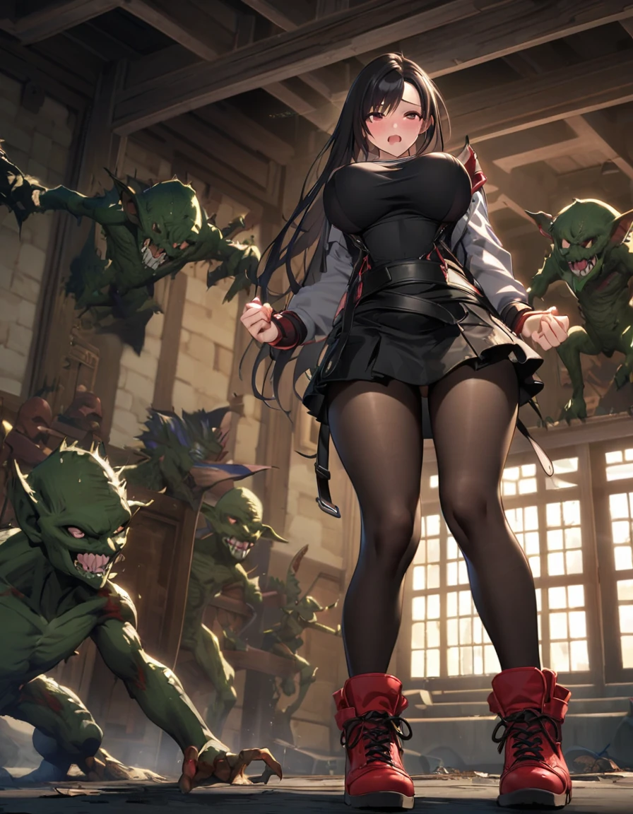 Final Fantasy 7 Tifa Lockhart Indoor at night、Wearing black pantyhose Wearing a mini skirt、Wearing black clothing、Big Breasts、Stylish、Clothes get torn、Attacked by Goblins、Thin legs、Black long hair、bare hands、writhe in pain、Wearing red shoes、fall on one's buttocks、Panting loudly、pinch