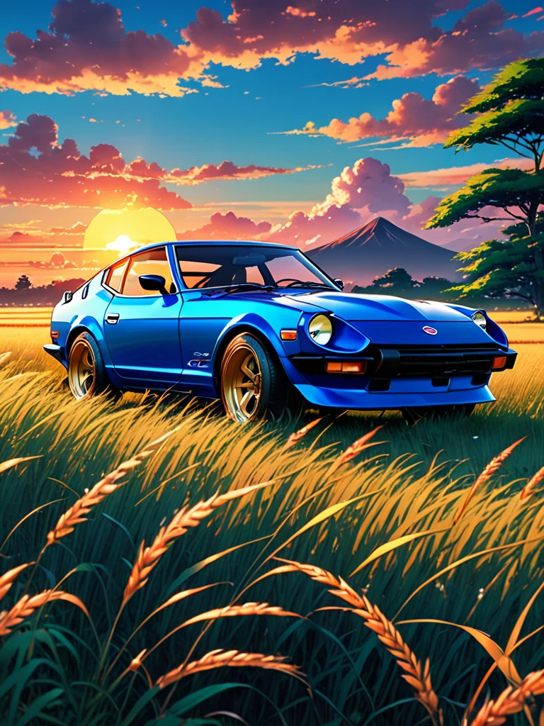 anime landscape of A pearl super laser blue metalic pearl color classic Nissan Datsun 240Z sport sits in a field of tall grass with a sunset in the background.beautiful anime scene, beautiful anime peace scene, Makoto Shinkai Cyril Rolando, beautiful anime scene, amazing wallpaper, anime art wallpaper 8k, anime background, artistic anime background, anime wallpaper 4k, anime art 4k wallpaper, anime wallpaper art 4k,