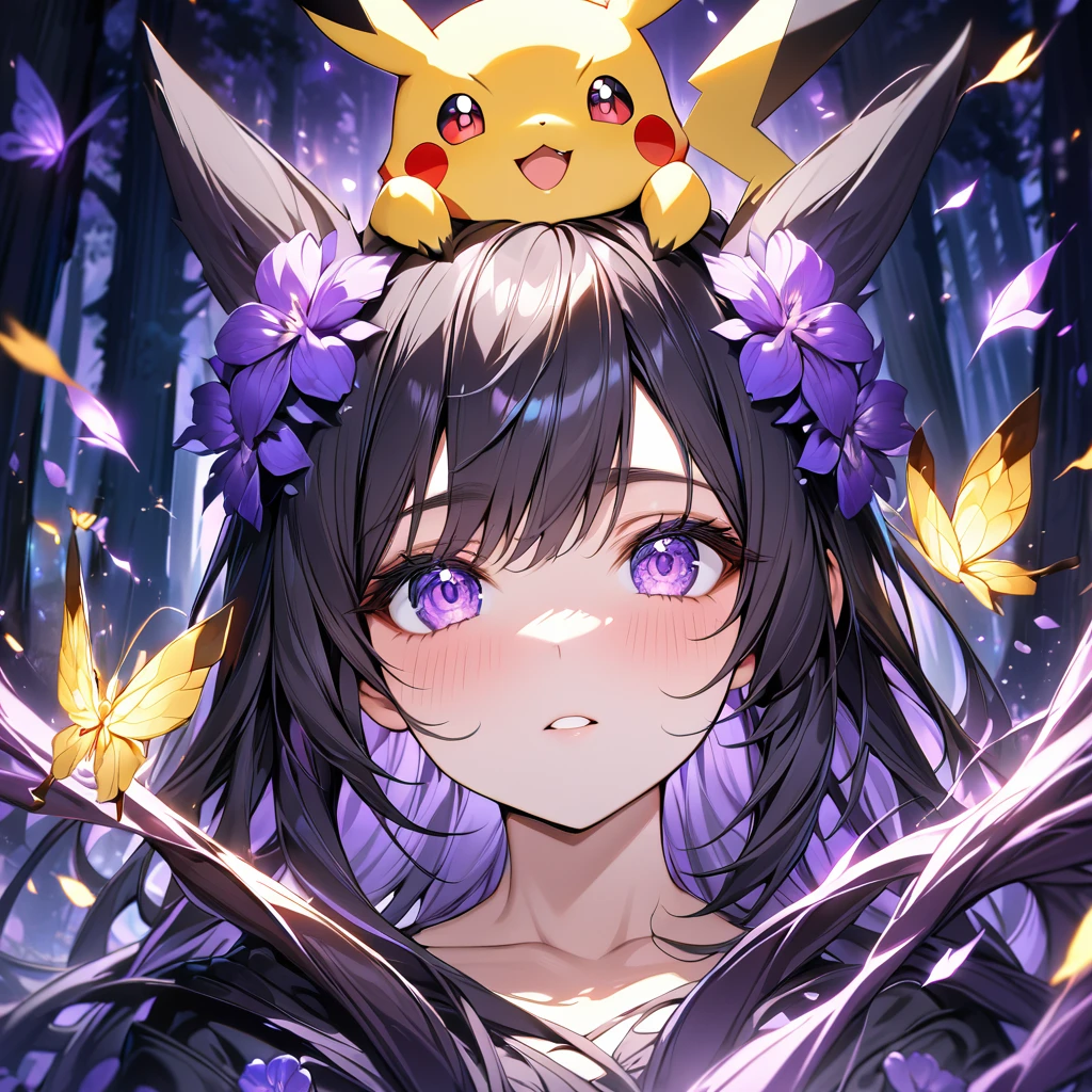 Girl with yellow tshirt,pikachu on head, forest,purple dark light, absurdres, highres, ultra detailed, HDR, master piece, best quality, black hair, expressive purple eyes, black clothes, magical, fantasy, shining, purple flowers, blossoms, yellow butterflies, close up face