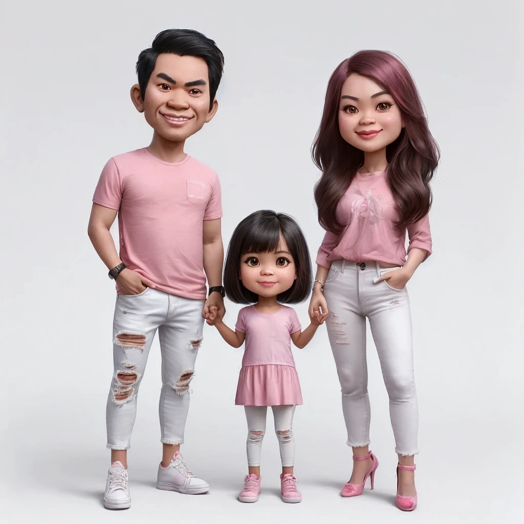 Create a 4D realistic caricature with large heads. On the left, draw an adult Indonesian Asian man wearing a pink t-shirt, ripped white jeans, and white sneakers. On the right, draw an adult Indonesian Asian woman with long hair, wearing a pink t-shirt, white jeans, and pink high heels. In the middle, place a 3-year-old Indonesian Asian girl with short hair, wearing a pink dress and pink shoes. They should be standing side by side, smiling, and displaying a sense of camaraderie and familiarity. The background should be cool and feature musical elements. The final image should be of high quality, 8K resolution." Very realistic