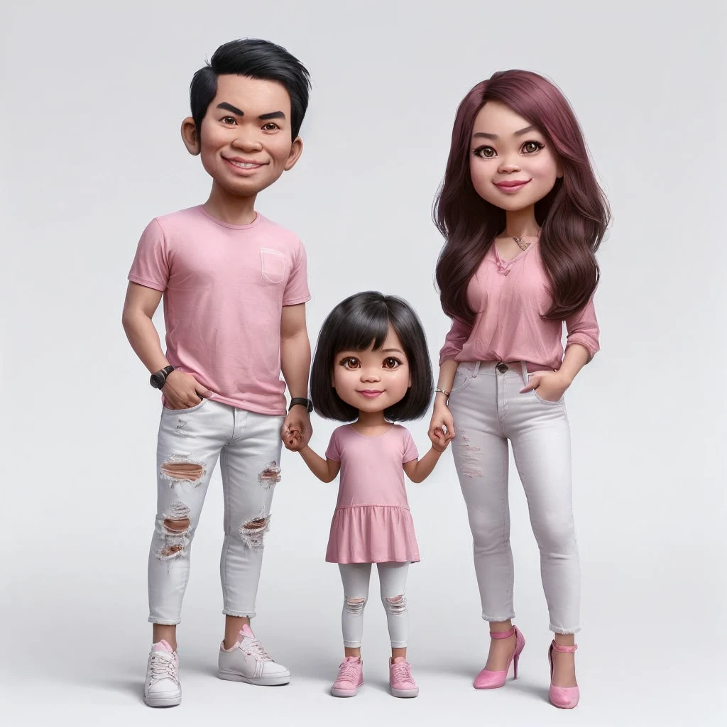 Create a 4D realistic caricature with large heads. On the left, draw an adult Indonesian Asian man wearing a pink t-shirt, ripped white jeans, and white sneakers. On the right, draw an adult Indonesian Asian woman with long hair, wearing a pink t-shirt, white jeans, and pink high heels. In the middle, place a 3-year-old Indonesian Asian girl with short hair, wearing a pink dress and pink shoes. They should be standing side by side, smiling, and displaying a sense of camaraderie and familiarity. The background should be cool and feature musical elements. The final image should be of high quality, 8K resolution." Very realistic