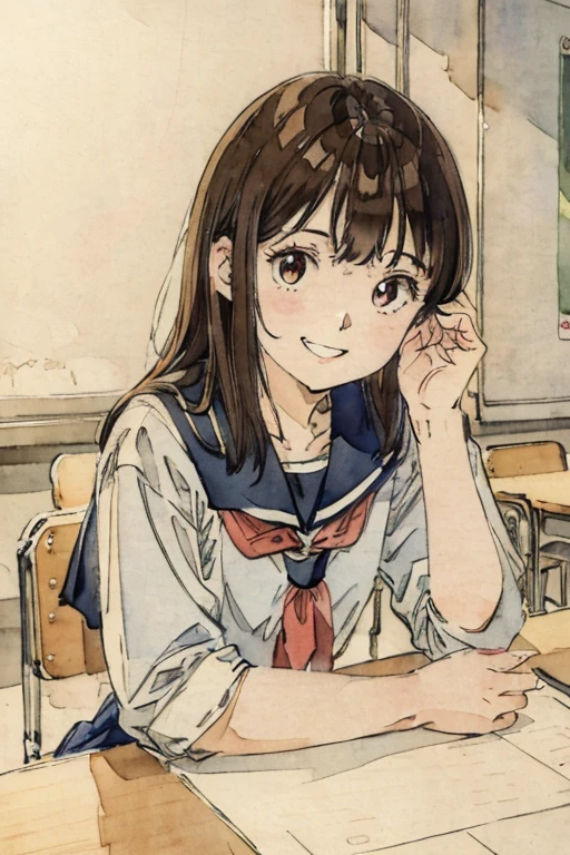 School classroom、Watercolor style、pale colour、Hand-drawn style, 16-year-old student、High 、Laughter、frontage、Upper body、Brown Hair、Upper body、man