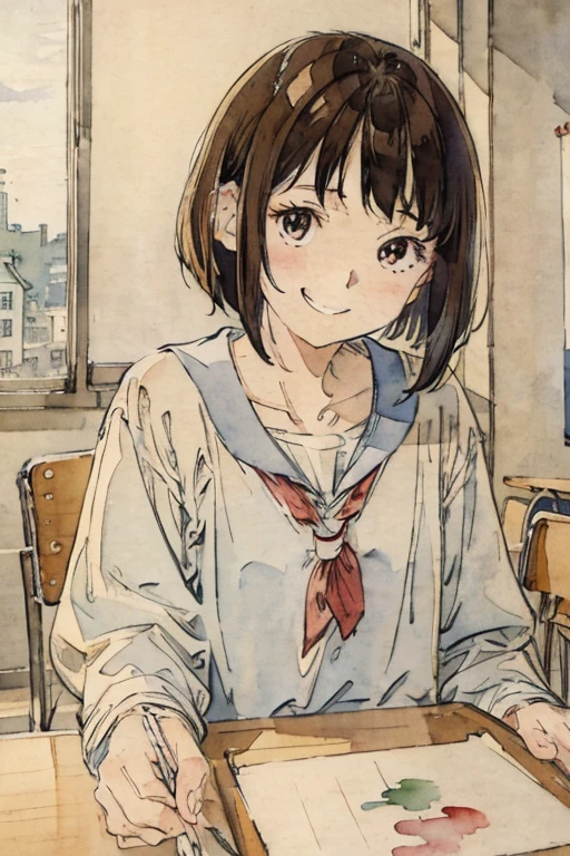 School classroom、Watercolor style、pale colour、Hand-drawn style, 16-year-old student、High 、Laughter、frontage、Upper body、Brown Hair、Upper body、man