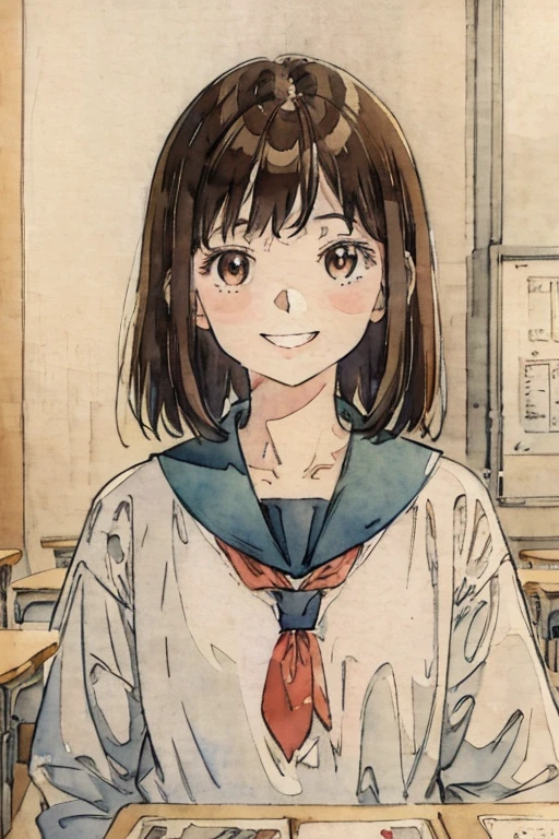 School classroom、Watercolor style、pale colour、Hand-drawn style, 16-year-old student、High 、Laughter、frontage、Upper body、Brown Hair、Upper body、man