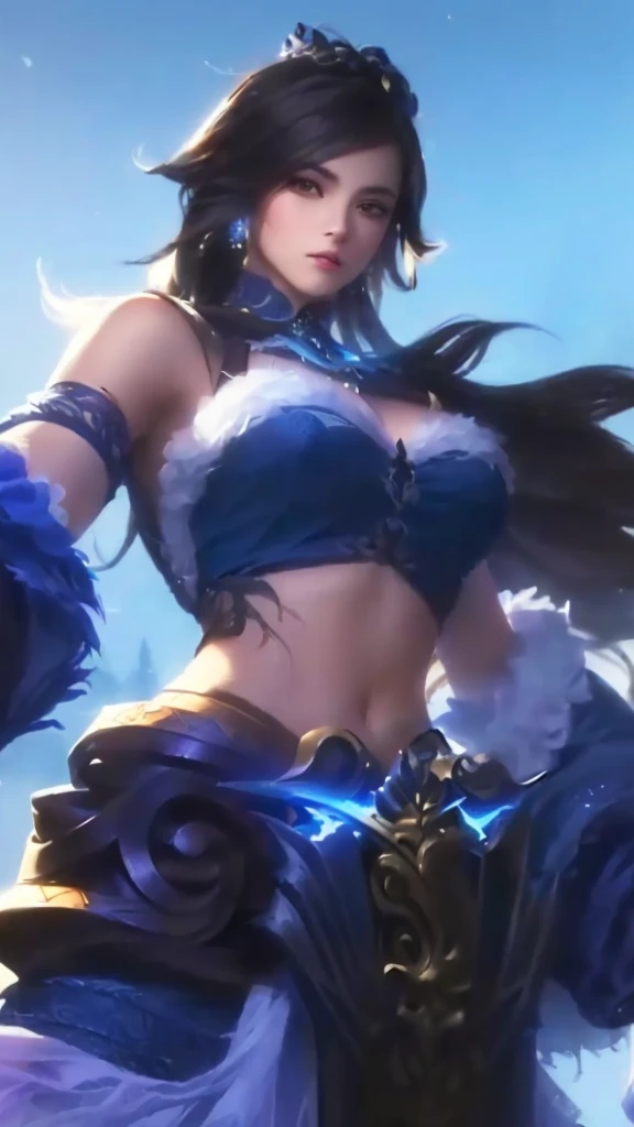 a close up of a woman in a beautiful blue dress, holding a glowing magical sword, intricate detailed face, piercing eyes, lush flowing hair, detailed ornate jewelry, dramatic lighting, fantasy, digital painting, highly detailed, cinematic, masterpiece, 8k, photorealistic