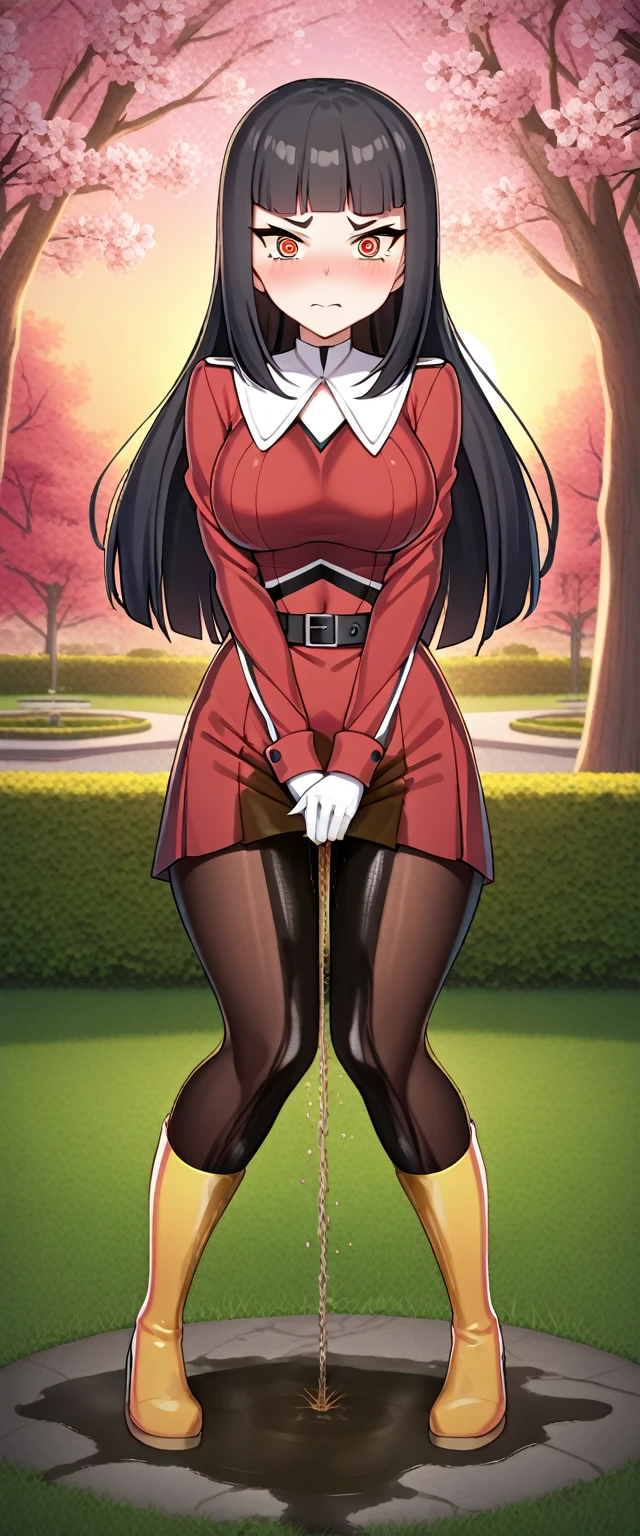 (masterpiece:1.37), best quality, (extremely detailed:1.37), (1girl:1.5), woman, (mature:1.5), (adult:1.5), pokemonsabrina, black hair, long hair, bangs, blunt bangs, red eyes, hime cut, sidelocks, white pupils, jacket, crop top, bodysuit, covered navel, midriff, red jacket, turtleneck, side slit, gloves, white gloves, long sleeves, pantyhose, skirt, red skirt, boots, red boots, socks, yellow socks, knee socks, (extremely detailed eyes:1.37), (wetting self:2.0), desperation, standing, embarrassed, humiliation, blushing, angry, cherry blossoms, garden, (golden hour:1.5), full body