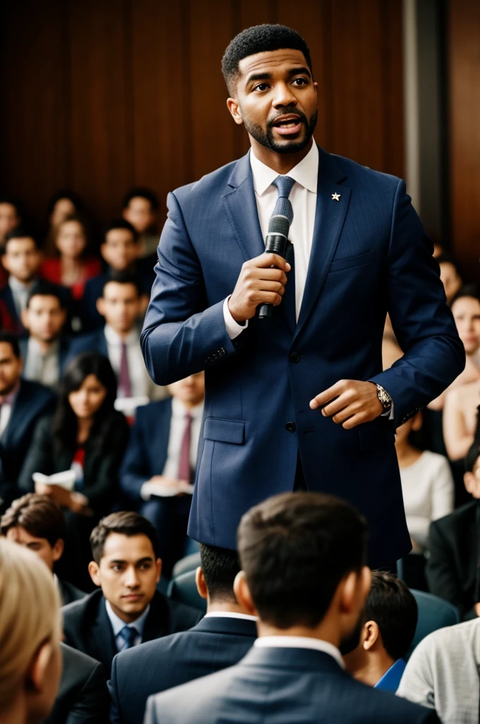 A man speaking in front of 100 people