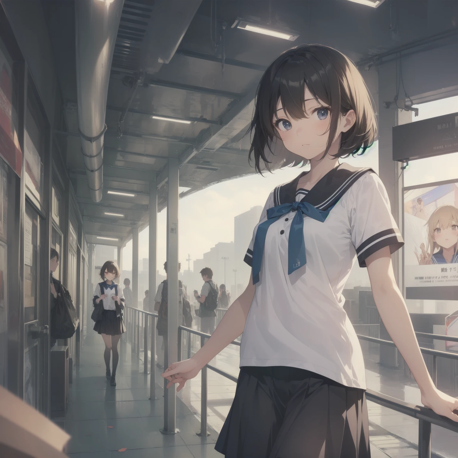 ultra-absurdres-Top quality by artist God, ultra-detailed, high resolution, anime moe artstyle, best anime 8k konachan wallpaper, pixiv contest winner, pool:2810, perfect anatomy,break, 1girl, (Please draw a girl walking sleepily to school alone. )break,(Solo,little female, 13-year-old:1.3),Full limbs, complete fingers,a junior high school student, (very short hair), short cut, flat chest, , small butt, small black eyes, beautiful detailed eyes, well-proportioned iris and pupils, expressive eyes, highres detailed hair, soft expression, salor school_uniform, sailor collar, serahuku, bow, pleated skirt,(Detailed Lighting), (Detailed background), in the School commute route. break,super detailed skin, Best cinematic lighting powered by famous artist, 8k,beauty illustration,photoshop_(medium),very aesthetic,break,((artist:beni_shake )), artist:clamp ,artist:carnelian ,artist:kantoku ,