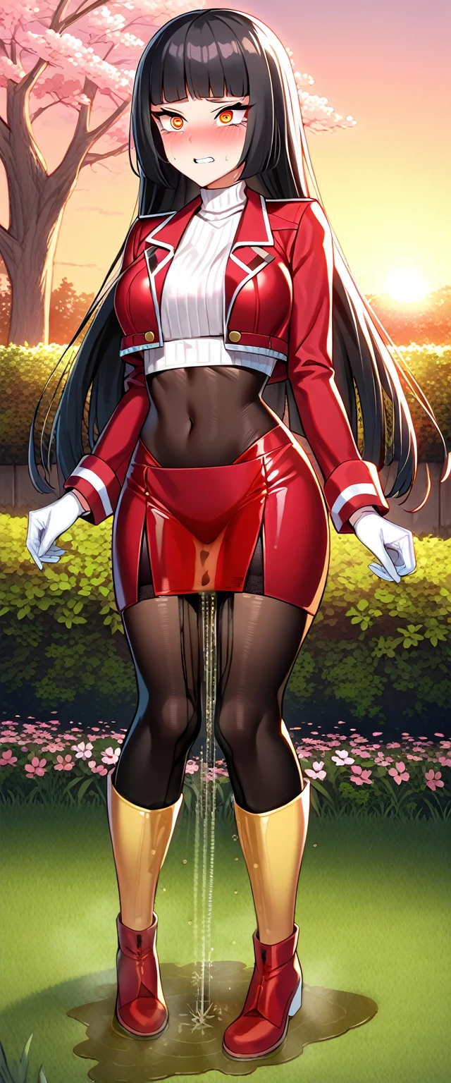 (masterpiece:1.37), best quality, (extremely detailed:1.37), (1girl:1.5), woman, (mature:1.5), (adult:1.5), pokemonsabrina, black hair, long hair, bangs, blunt bangs, red eyes, hime cut, sidelocks, white pupils, jacket, crop top, bodysuit, covered navel, midriff, red jacket, turtleneck, side slit, gloves, white gloves, long sleeves, pantyhose, skirt, red skirt, boots, red boots, socks, yellow socks, knee socks, (extremely detailed eyes:1.37), (wetting self:2.0), desperation, standing, embarrassed, humiliation, blushing, angry, cherry blossoms, garden, (golden hour:1.5), full body