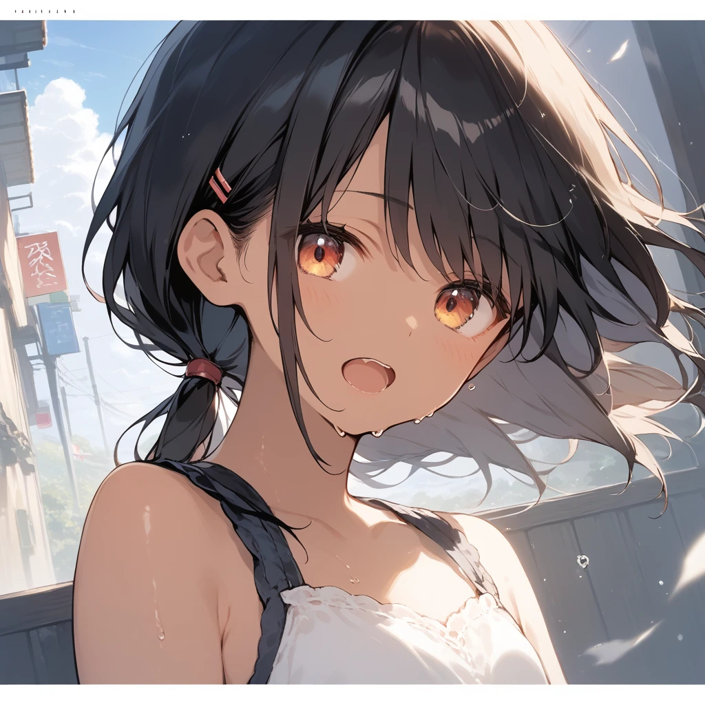 score_9, score_8_up, score_7_up, source_anime, best quality, masterpiece, official art, absurdres, highres, ultra-detailed,waifu2x,Collection: Slice of Life,break,1girl, tomboy, dark-skinned female, short hair, low ponytail, flat chest, beautiful detailed eyes, short shorts, sweat, open mouth, (yawn:0.3), sleepily, outdoors, wind,break,(clear line illustration:1.2), super detailed skin,very high resolution, very aesthetic, Best sexual lighting powered by famous artist, 8k,cute picture,beauty illustration,photoshop_(medium),,(Detailed Lighting),best anime 8k konachan wallpaper, pixiv contest winner, 
