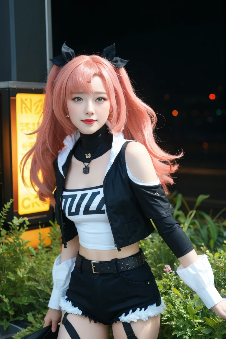 best quality, tmasterpiece,Ultra-high resolution,Clear face,（Reality：1.4），ferpect lighting，(upper body), (photorealistic:1.50), anime wallpaper, Guviz style artwork, cover-up fantasy up to magic , by Yang J, Guviz, beautiful artwork illustration, beautiful digital artwork, beautiful digital illustration, Li Song, beautiful anime portrait, art style in Beauvot, 25 year old woman, 1girl, 独奏,cosplay, looking at the audience, 
long hair, (pink hair:1.5),(twintails ),(hair ribbon), blue eyes, Tube top, single thighhigh, short shorts, cropped jacket, belt boots, hair ribbon, hairclip, earrings, single sock, high belt, thigh strap, detached sleeves, doll, black collar,
Outdoor, grassland, park, Garden, (standing:1.5), night sky, (looking at viwer:1.3), (upper body:1.5), (medium breasts), (shagging breasts),