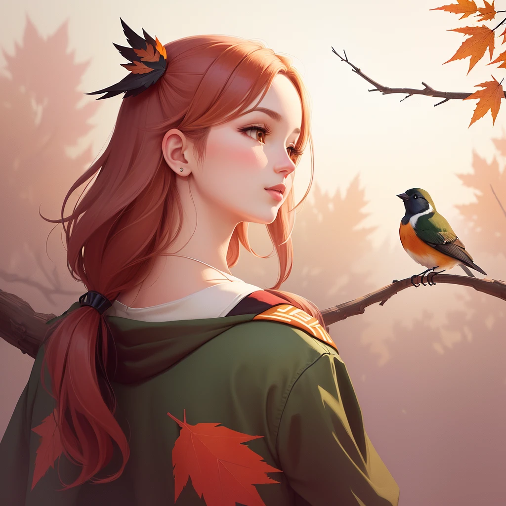 There is a bird sitting on a branch, 🍁 Lovely, Britney Lee, Robin, flat illustration, background technologywork, background technology, autumn, Bob, Widescreen screenshot, illustration!, wireless, Featuring the theme of the nightingale bird, birds and trees, stylized border, Flat 2D design, illustration, stylised illustration, Inspired by Lv Ji