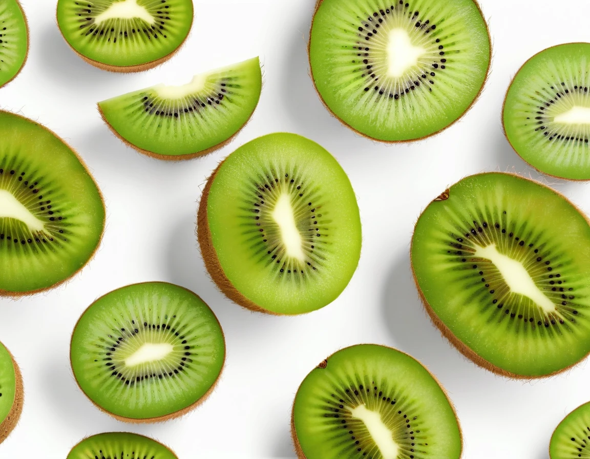 Kiwi fruit cut in half is placed on the side, on a white background, white abstract background, kiwi fruit theme on the side of the background, to be used as a striped banner banner