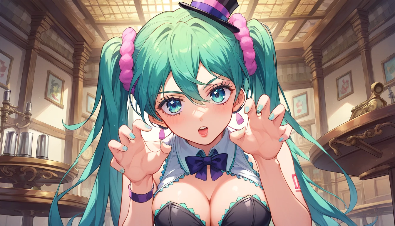 ((1girls:1.3)), ((moe style:1.3)), ((jojo pose:1.3)), ((saloon:1.3)), ((monocle:1.3)), ((top hat:1.3)),((revolver:1.3)), hatsune miku, thinking, ((perfect face)), ((extremely cute:1.3)), ((masterpiece:1.3)), ((8k)), ((best quality:1.3)), ((beautiful)), ((extremely detailed:1.3)) , ((absurdres)), AddXL, ((score_9:1.3)), ((score_8_up:1.3)), ((score_7_up:1.3)), Expressiveh 
