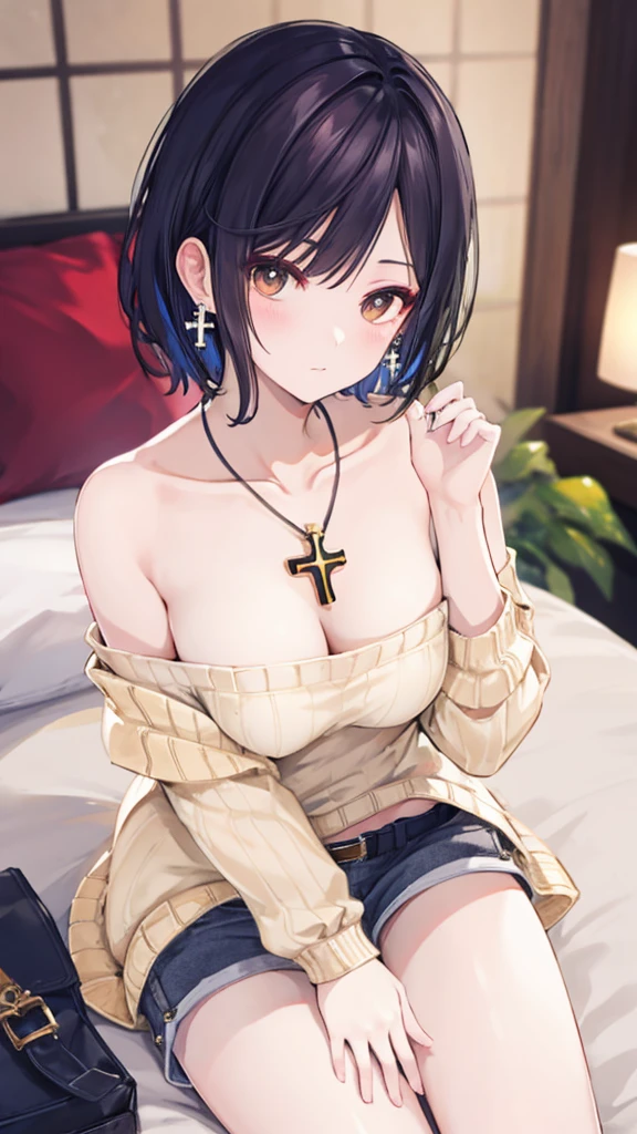 nagisa, (off-shoulder sweater, oversized sweater), (hiden short pants), (cross-legged sitting, hands lying on thighs), on bed, best quality, masterpiece, earrings, necklace,
