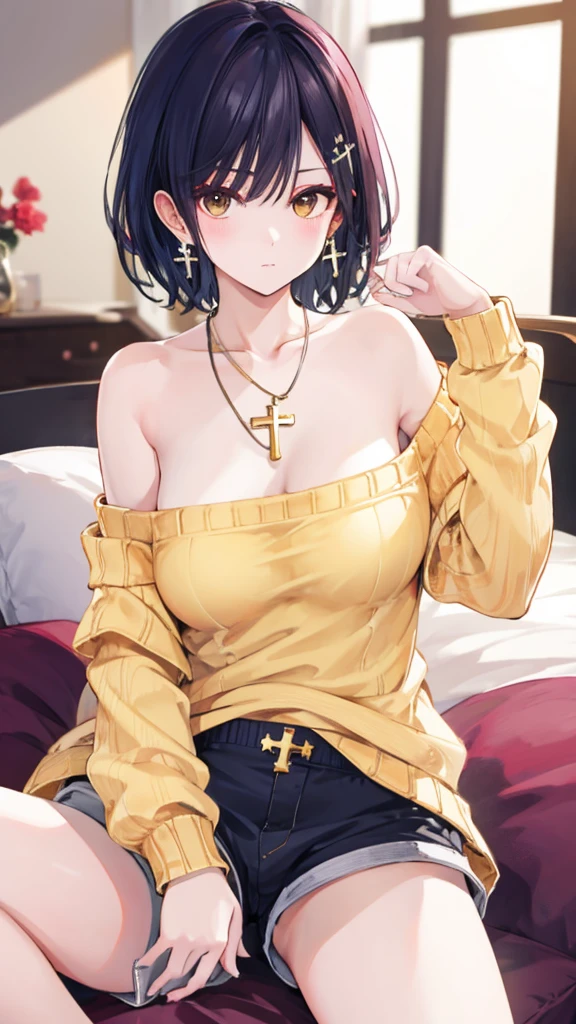 nagisa, (off-shoulder sweater, oversized sweater), (hiden short pants), (cross-legged sitting, hands lying on thighs), on bed, best quality, masterpiece, earrings, necklace,