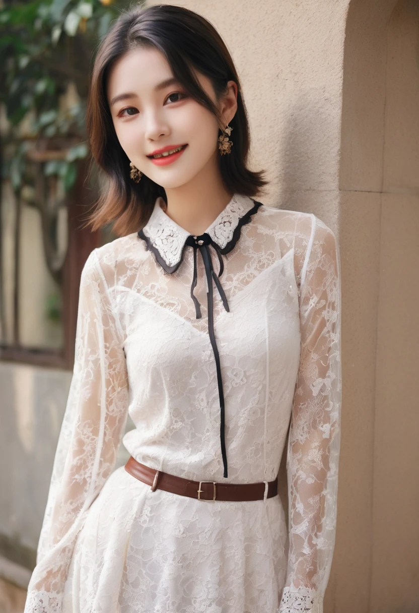 (1 Korean star with royal sister style), ((Best quality, 8K, Masterpiece: 1.3)), focal point: 1.2, Perfect body proportions: 1.4, (Make a smile), Watery eyes, Highly Detailed Face and Skin Textur, Fine eyes, Double eyelids, Whitens the skin, (long whitr hair, By bangs: 1.3), (face round: 1.5), (JK school uniform: 1.4), (Lace view: 1.6),(black lence stockings: 1.4),(JK style:1.4),(On the street:1.3)