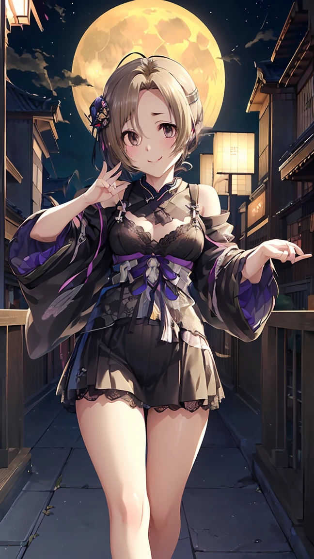 masterpiece, Highest quality, High resolution, Very detailed,(((Koume Shirasaka))), (((Black Lingerie)))、(((Walking with the moon in the background。)))、(((smile)))、(((full moon)))、(((Night Sky)))、(((Japanese Style Town)))、(((Beautiful Eyes)))、(((Thin body type)))