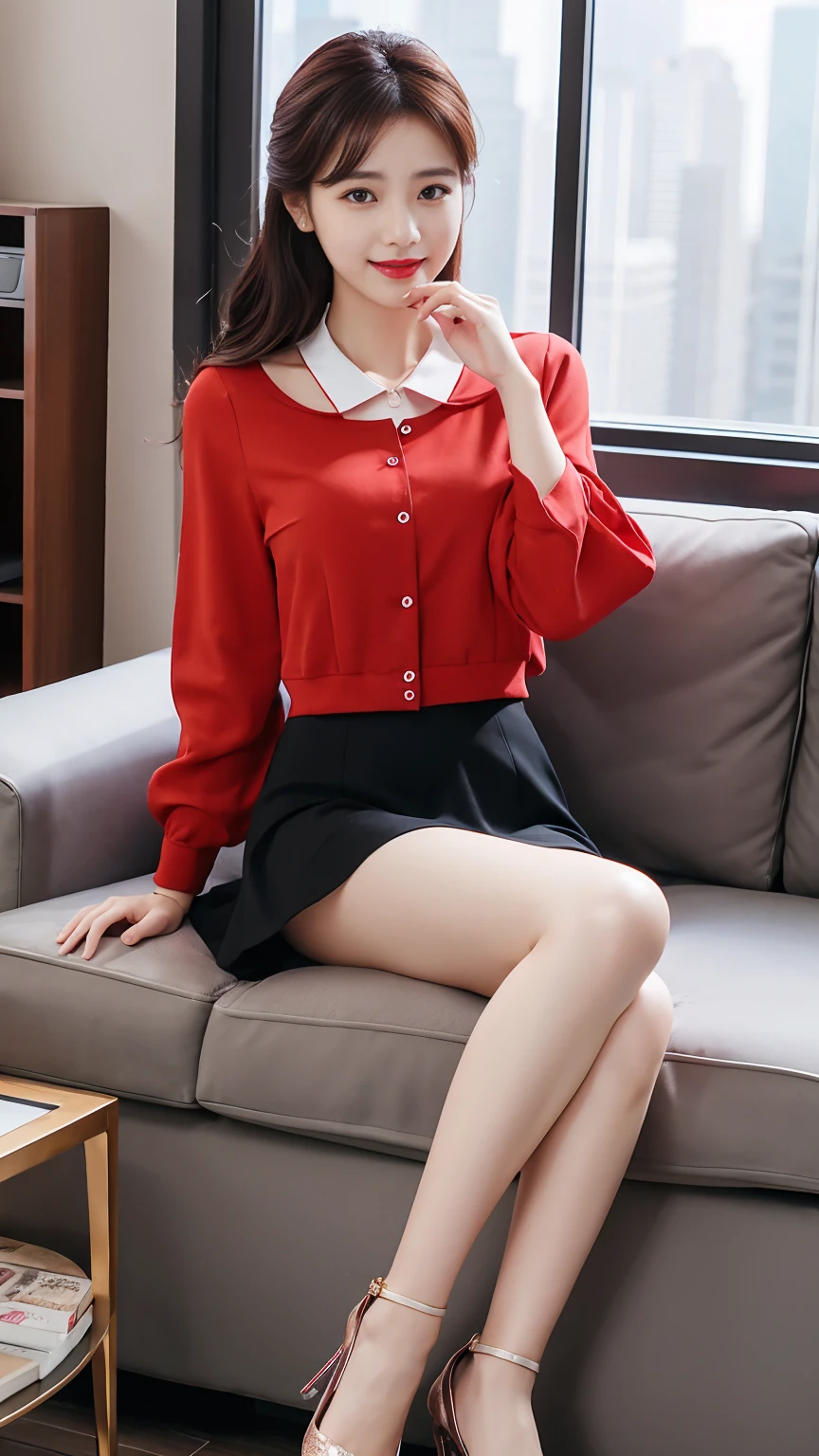 career woman、Heavy makeup、Bright red lips,masterpiece,best quality,ultra detailed,highres,high-resolution,4K,realistic,RAW photo,((real person)),portrait photography,photorealistic,detailed skin,(delicate black eyes ), A soothing woman with sagging eyes,Calm and calm, middle hair,skinny,clothing,The wind is blowing,tareme、Highest quality、Realistic characters、A reception room on the top floor of a high-rise building、secretary、Office lady suit、mini skirt、CHANELWind、Byheel、Beautiful legs、Sitting on the sofa、Panty shot、elegant、Perfect Makeup、Beautiful décolleté、Anatomically correct、eight-headed body、Beautiful posture、Japanese、nice smile、Bright red lips、The perfect dress shirt、Jacket