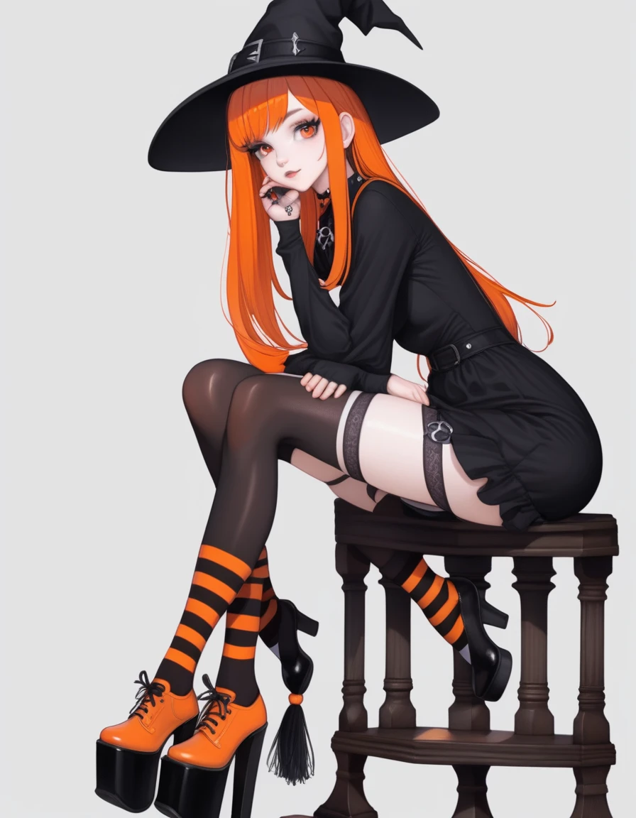 Cute girl, bright orange and dark black, white thigh-high socks, platform heels, gothic style, small bust, witch, simple background