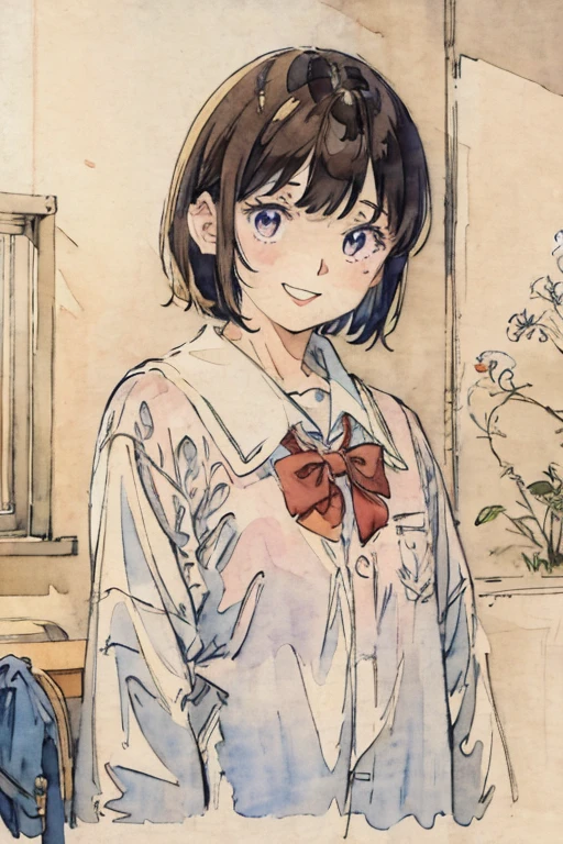 male、School classroom、Watercolor style、pale colour、Hand-drawn style, 16-year-old student、High 、Laughter、frontage、Upper body、Upper body、