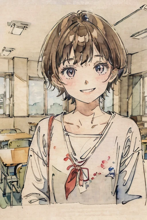 male、School classroom、Watercolor style、pale colour、Hand-drawn style, 16-year-old student、High 、Laughter、frontage、Upper body、Upper body、