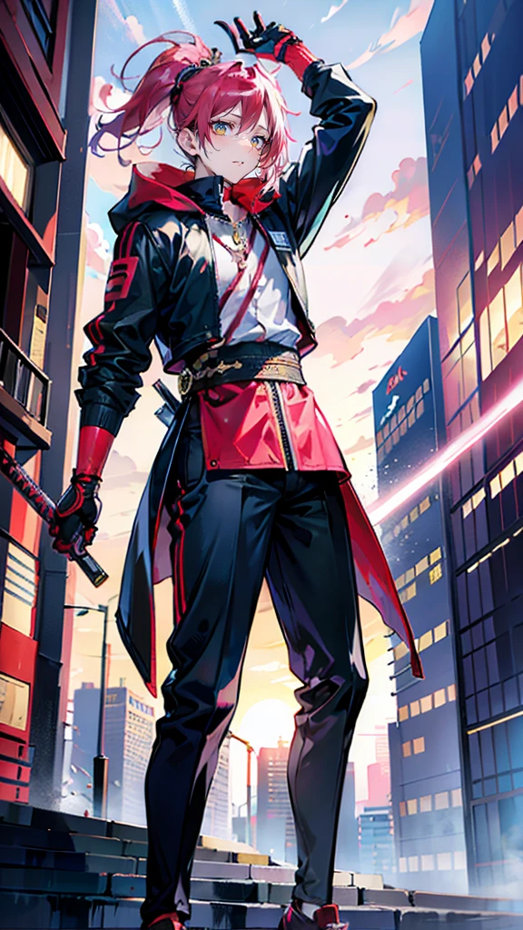 a handsome, dashing, young man in the manga series "Jujutsu Kaisen" named, Ita Dori Yuji" with his characteristic clothes, black hoodie, and red shoes, pink hair, with high quality anime photo resolution HD, 4K. with a sparkling background light, fantasy that saves the body, as well as dynamic effects, urban atmosphere, cyberpunk,.AND STANDING IN THE MIDDLE OF THE CITY while holding a katana.