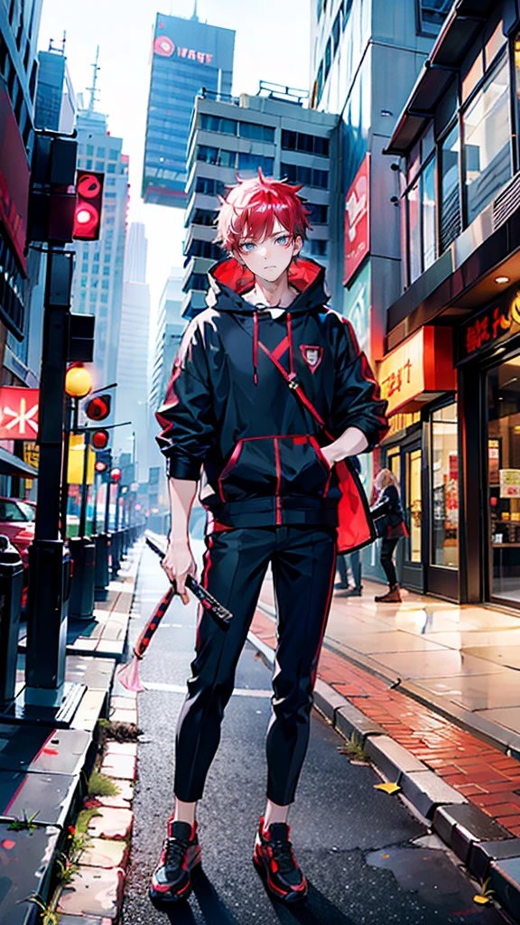 a handsome, dashing, young man in the manga series "Jujutsu Kaisen" named, Ita Dori Yuji" with his characteristic clothes, black hoodie, and red shoes, pink hair, with high quality anime photo resolution HD, 4K. with a sparkling background light, fantasy that saves the body, as well as dynamic effects, urban atmosphere, cyberpunk,.AND STANDING IN THE MIDDLE OF THE CITY while holding a katana.