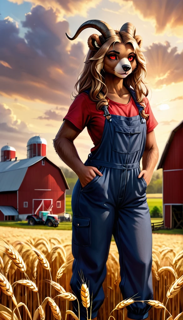 (zPDXL2), score_9_up, painterly, faux traditional media, realistic, BREAK
1girl, solo, fullbody, (bear:1.2), (long wavy hair, bun hairstyle), glowing red eyes, (ram horns:1.2), (bear ears, bear tail), tanned skin, farmer jumpsuit, wheat farm background, BREAK
AissistXLv2, unaestheticXL_bp5, SimplePositiveXLv2, zPDXL2 PonyXLV6_Scores