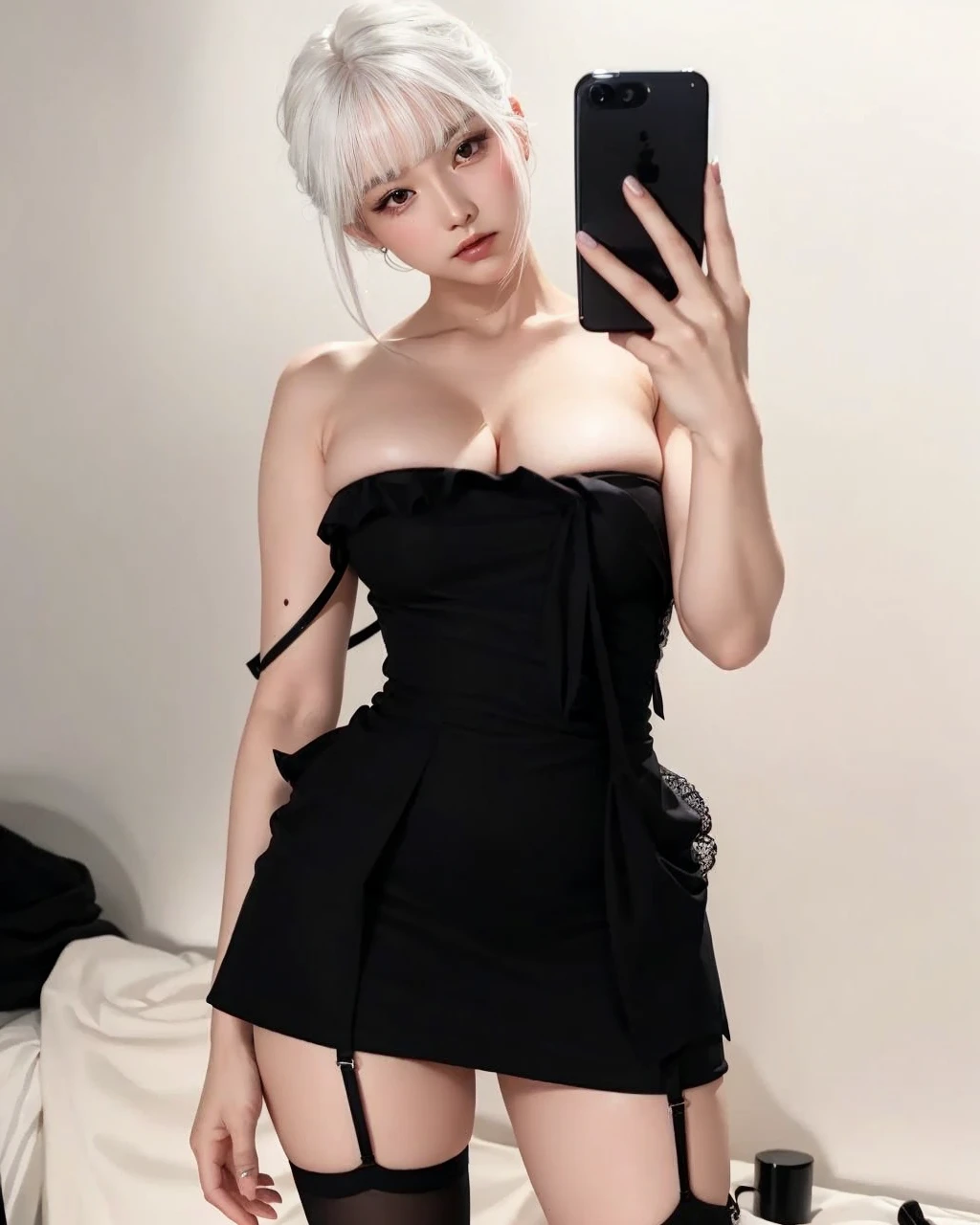 white hair, neckline, wavy hair, big breasts, pale, korean light makeup, thick thighs, feminine delicate hands, cintura de avispa, delicate hands with acrylic nails, bangs