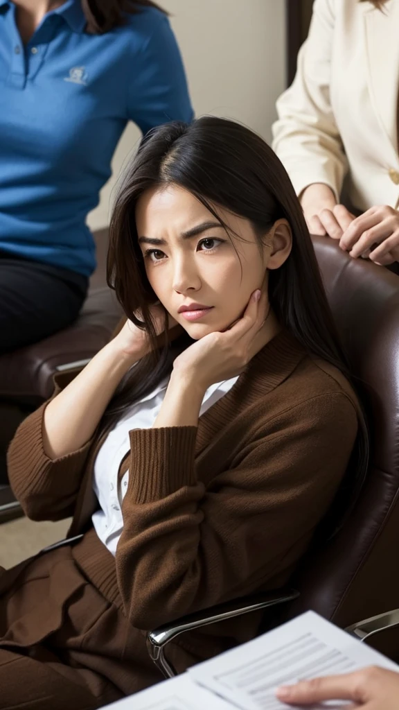 In the counseling room、Angry psychological counselor scene。The counselor sits in a chair、Looking at the client with a stern expression。His brows were furrowed.、The mouth is tightly closed。The counselor's attitude is aggressive.、Hands are firmly placed on the desk。The client sits in a chair facing、Staring at the counselor with a frightened expression。In the background, the decoration of the counseling room can be seen.、There's a sense of tension in the whole room.。