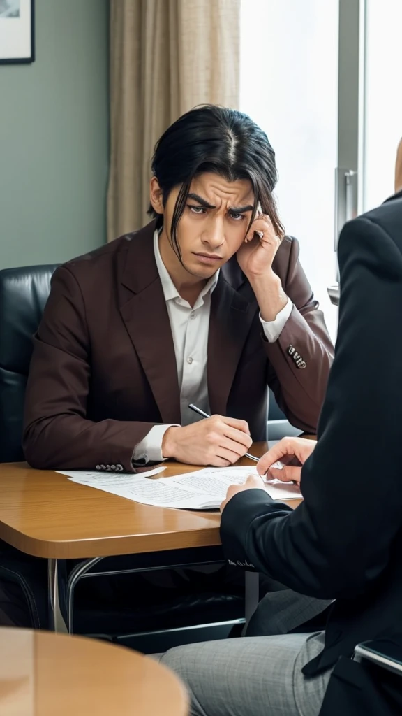 In the counseling room、Angry psychological counselor scene。The counselor sits in a chair、Looking at the client with a stern expression。His brows were furrowed.、The mouth is tightly closed。The counselor's attitude is aggressive.、Hands are firmly placed on the desk。The client sits in a chair facing、Staring at the counselor with a frightened expression。In the background, the decoration of the counseling room can be seen.、There's a sense of tension in the whole room.。