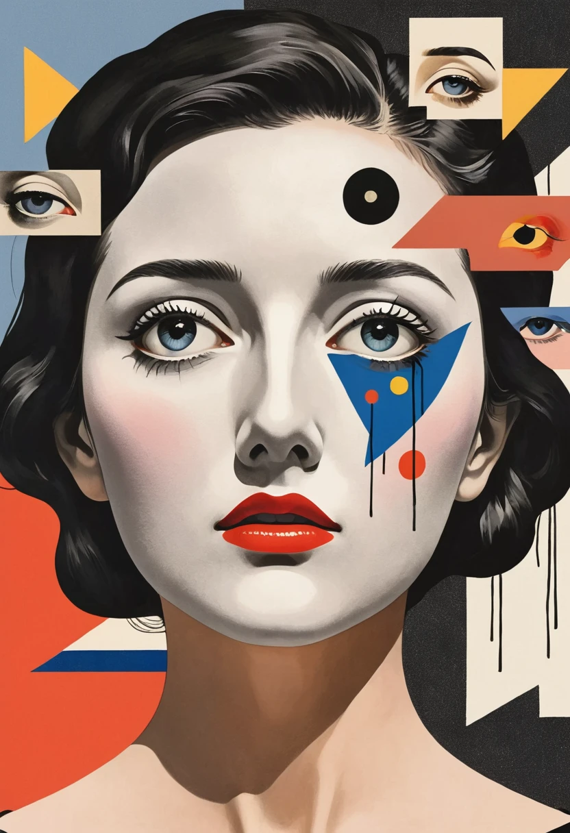 René Magritte，有一张女人脸的Collage画，There are many different things on the face，Geometric Dislocation，Collage，Artistic sense，Painting，paint，Simple，