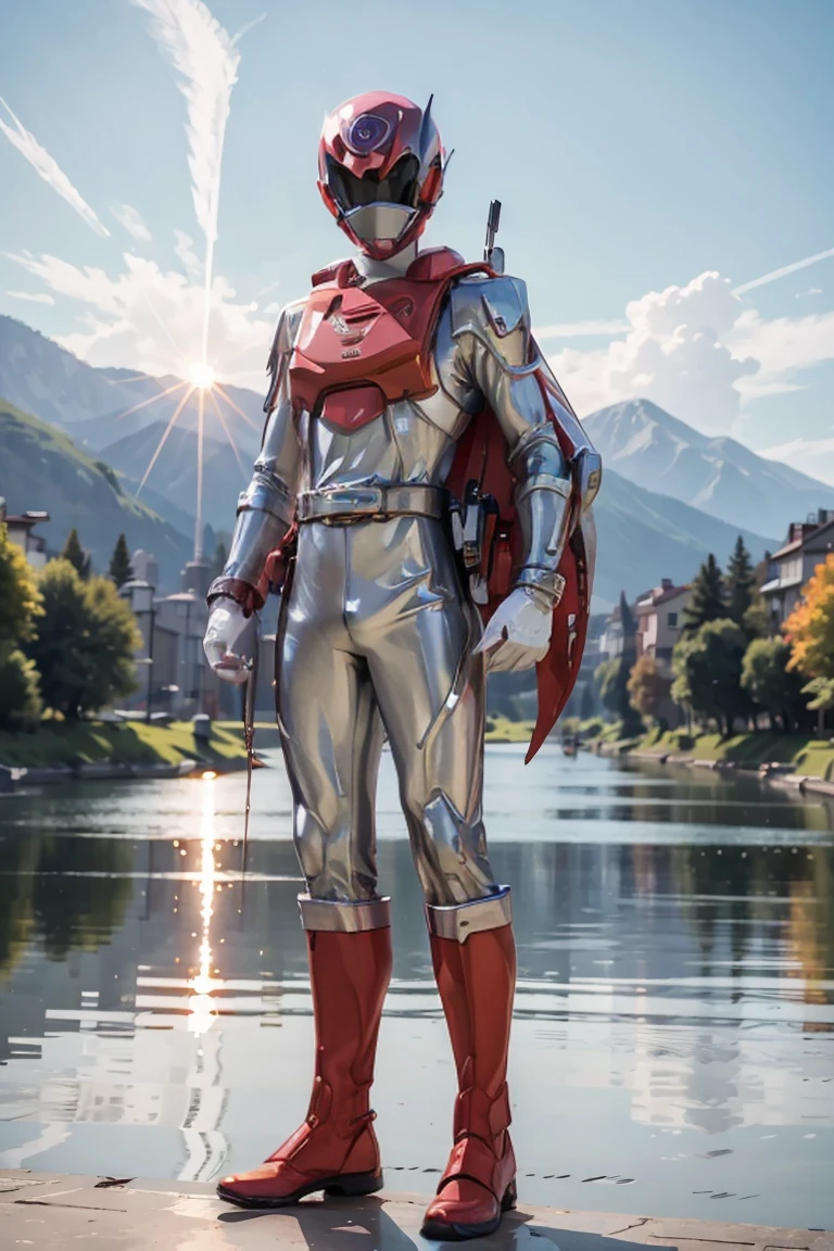 The sunset flies with the lonely geese in the distance, and the autumn river water and the vast sky are connected, icons,1boy, white, full body, Illustration, cinematic light, high resolution, best quality, ultra detailed, masterpiece, power suit, powerranger, suit, spd, (silver royal guard ranger suit), gold detail