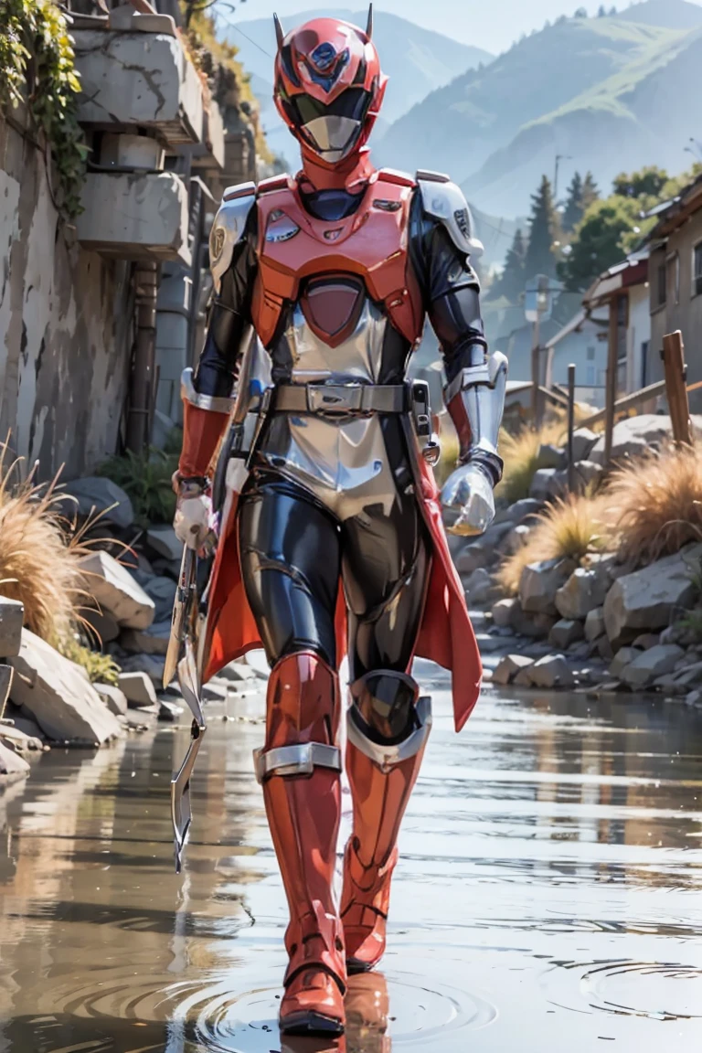 The sunset flies with the lonely geese in the distance, and the autumn river water and the vast sky are connected, icons,1boy, white, full body, Illustration, cinematic light, high resolution, best quality, ultra detailed, masterpiece, power suit, powerranger, suit, spd, (silver royal guard ranger suit), gold detail