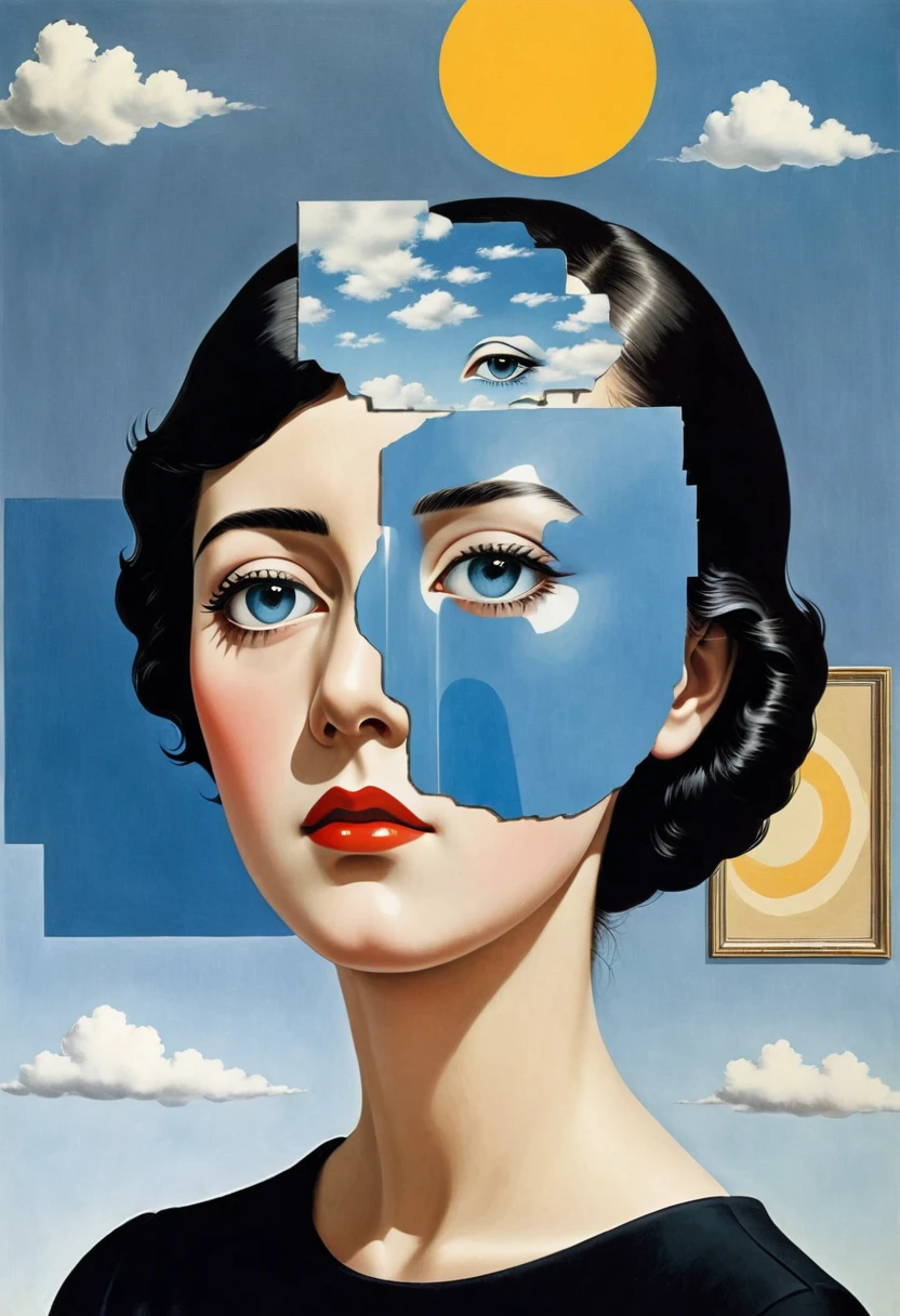 René Magritte,有一张女人脸的Collage画,There are many different things on the face,Geometric Dislocation,Collage,Artistic sense,Painting,paint,Simple,