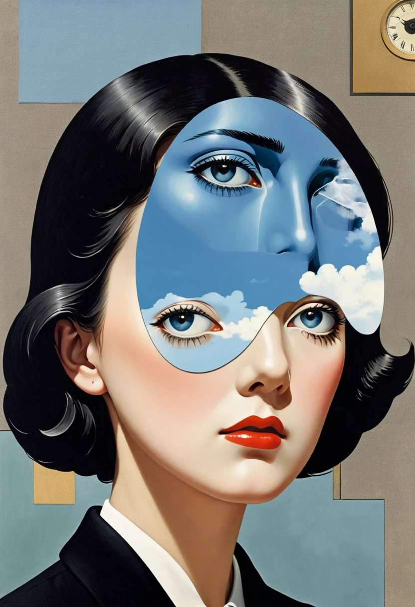 René Magritte，有一张女人脸的Collage画，There are many different things on the face，Geometric Dislocation，Collage，Artistic sense，Painting，paint，Simple，