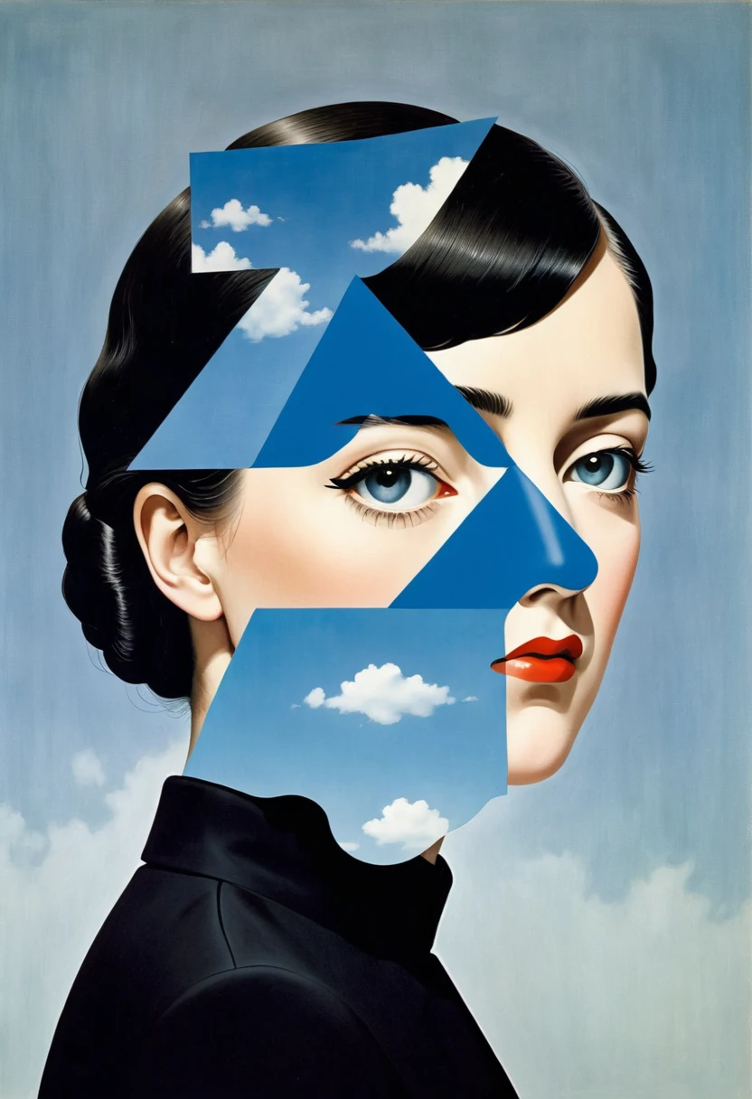 René Magritte,有一张女人脸的Collage画,There are many different things on the face,Geometric Dislocation,Collage,Artistic sense,Painting,paint,Simple,