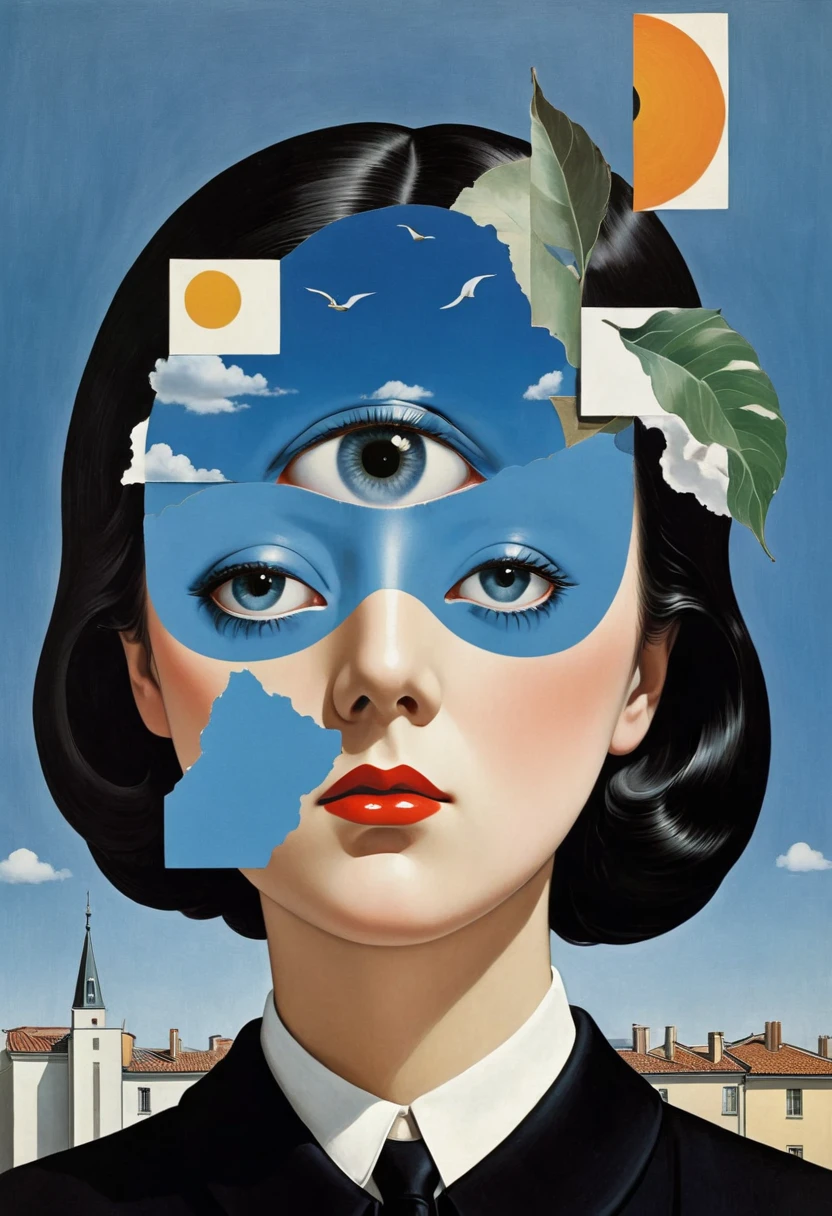 René Magritte,有一张女人脸的Collage画,There are many different things on the face,Geometric Dislocation,Collage,Artistic sense,Painting,paint,Simple,