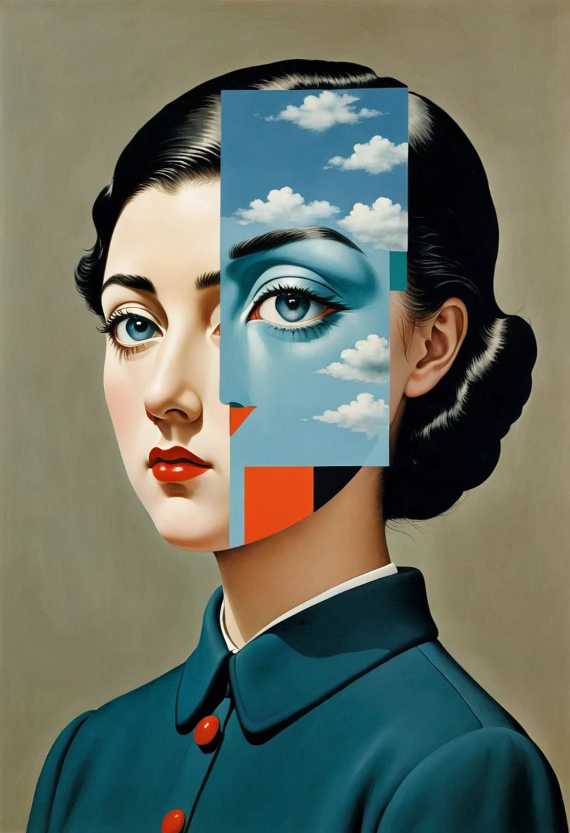 René Magritte,有一张女人脸的Collage画,There are many different things on the face,Geometric Dislocation,Collage,Artistic sense,Painting,paint,Simple,