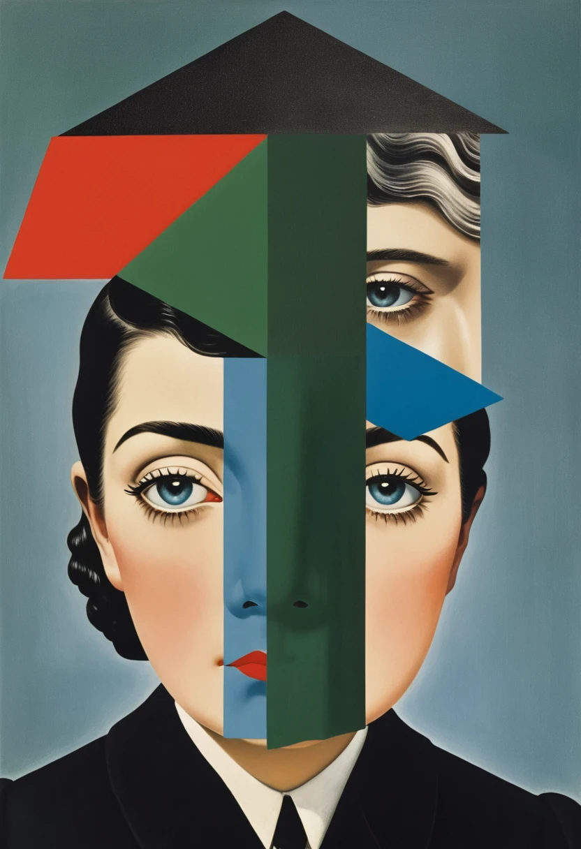 René Magritte,有一张女人脸的Collage画,There are many different things on the face,Geometric Dislocation,Collage,Artistic sense,Painting,paint,Simple,