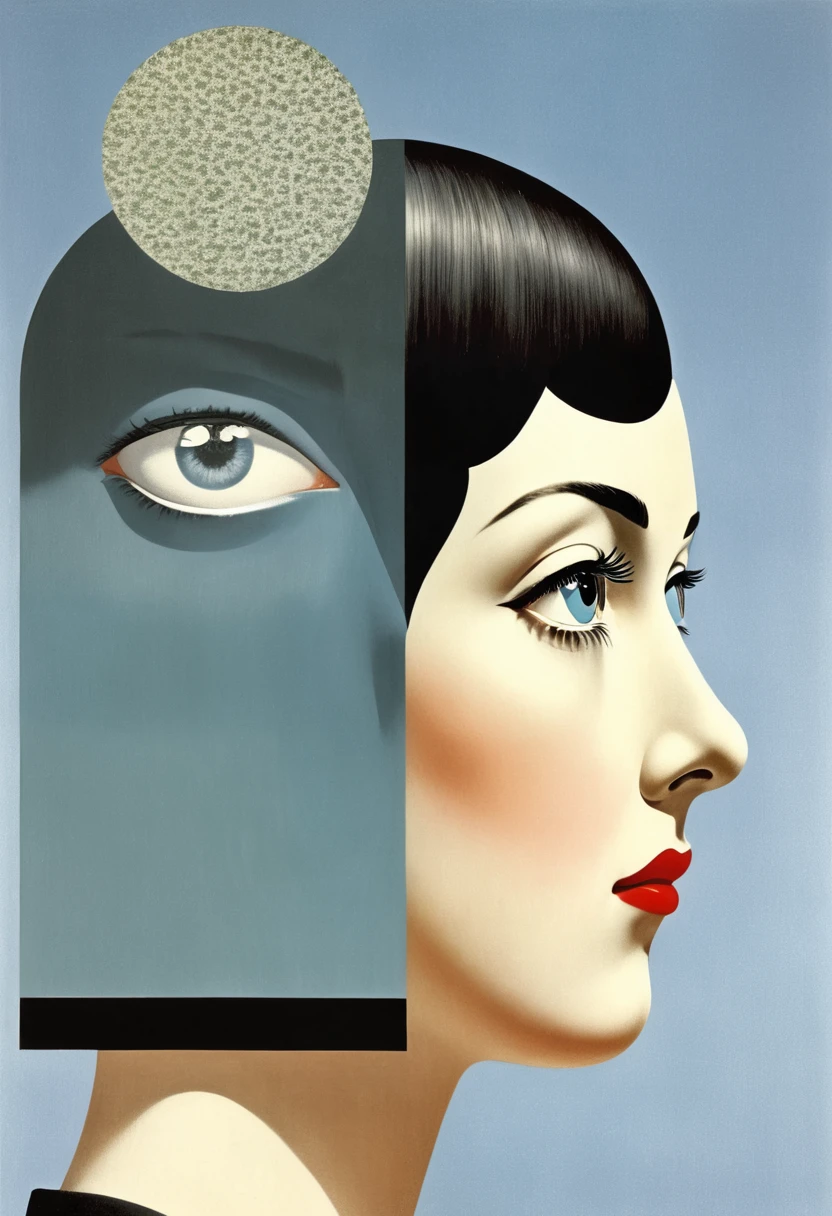 René Magritte,有一张女人脸的Collage画,There are many different things on the face,Geometric Dislocation,Collage,Artistic sense,Painting,paint,Simple,