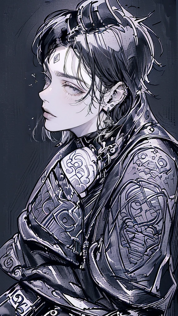 (4K workasterpiece artwork、(maximum quality)、((black backgroundsmasculine Korean、adult male、((Adult aged 50))、((Adult guy type))、((Leather jeans style))、((Face similar to Hyunjin))、Nice Men、Cao Cao、((Wild Features))、((Screaming expression))、((Long sleeve long pants style))、((smaller face))、Fine body、(((shorth hair)))、((filmed from a side angle))、((perfil))、((Turn the body to the side))、((Shot alone))、((Photography Only))、professional photos、((He's in front of the viewer))、((monochrome photography))、((upper body photography))、((Wear lots of piercings))、((Piercing na boca))、((icon photo))、((Sick Boyine Boys))、((tatoo))、((My picture))、((Bad boy pose))