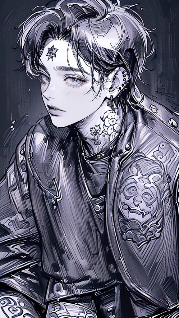 (4K workasterpiece artwork、(maximum quality)、((black backgroundsmasculine Korean、adult male、((Adult aged 50))、((Adult guy type))、((Leather jeans style))、((Face similar to Hyunjin))、Nice Men、Cao Cao、((Wild Features))、((Screaming expression))、((Long sleeve long pants style))、((smaller face))、Fine body、(((shorth hair)))、((filmed from a side angle))、((perfil))、((Turn the body to the side))、((Shot alone))、((Photography Only))、professional photos、((He's in front of the viewer))、((monochrome photography))、((upper body photography))、((Wear lots of piercings))、((Piercing na boca))、((icon photo))、((Sick Boyine Boys))、((tatoo))、((My picture))、((Bad boy pose))