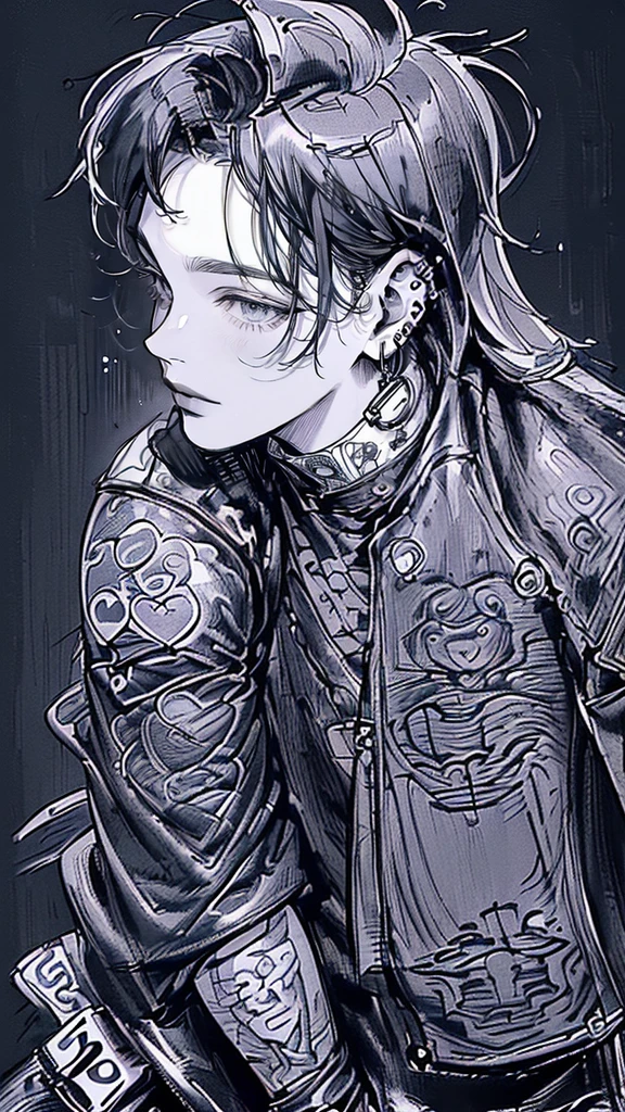 (4K workasterpiece artwork、(maximum quality)、((black backgroundsmasculine Korean、adult male、((Adult 0))、((Adult guy type))、((Leather jeans style))、((Face similar to Hyunjin))、Nice Men、Cao Cao、((Wild Features))、((Screaming expression))、((Long sleeve long pants style))、((smaller face))、Fine body、(((shorth hair)))、((filmed from a side angle))、((perfil))、((Turn the body to the side))、((Shot alone))、((Photography Only))、professional photos、((He's in front of the viewer))、((monochrome photography))、((upper body photography))、((Wear lots of piercings))、((Piercing na boca))、((icon photo))、((Sick Boyine Boys))、((tatoo))、((My picture))、((Bad boy pose))