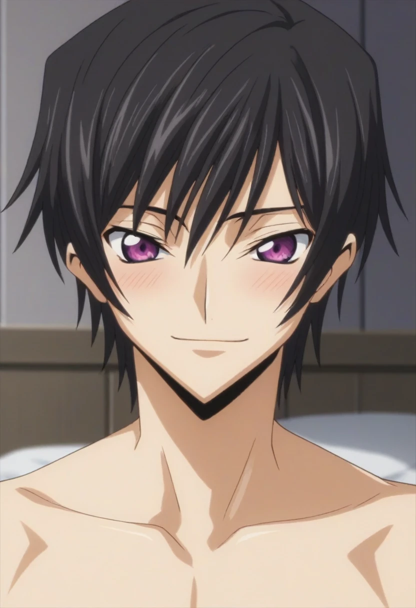 score_9, score_8_up, score_7_up, source_anime, rating_safe, intricate details, anime screencap, , , looking at viewer, depth of field, 1boy, solo, male focus, lelouch_lamperouge, black hair, purple eyes, bangs, smile, blush, cute, naked, castle, bed room, night.