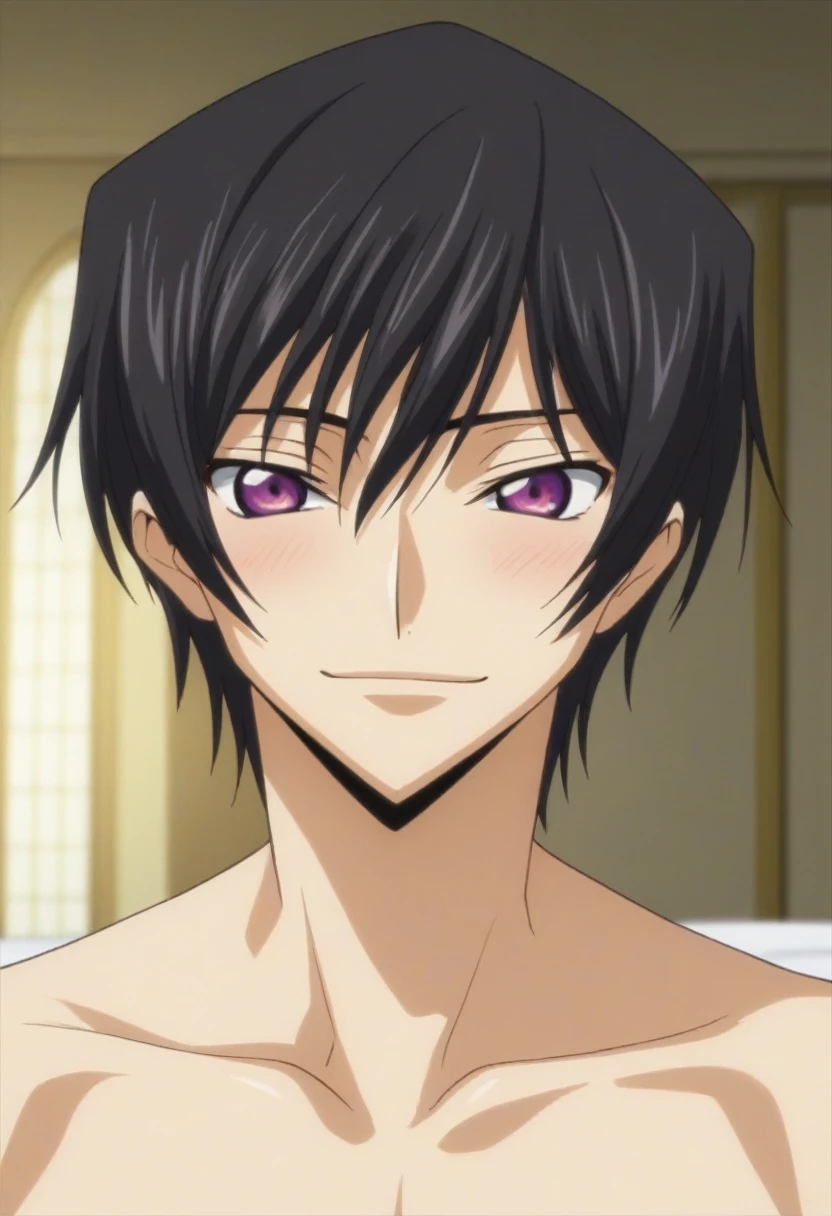 score_9, score_8_up, score_7_up, source_anime, rating_safe, intricate details, anime screencap, , , looking at viewer, depth of field, 1boy, solo, male focus, lelouch_lamperouge, black hair, purple eyes, bangs, smile, blush, cute, naked, castle, bed room, night.