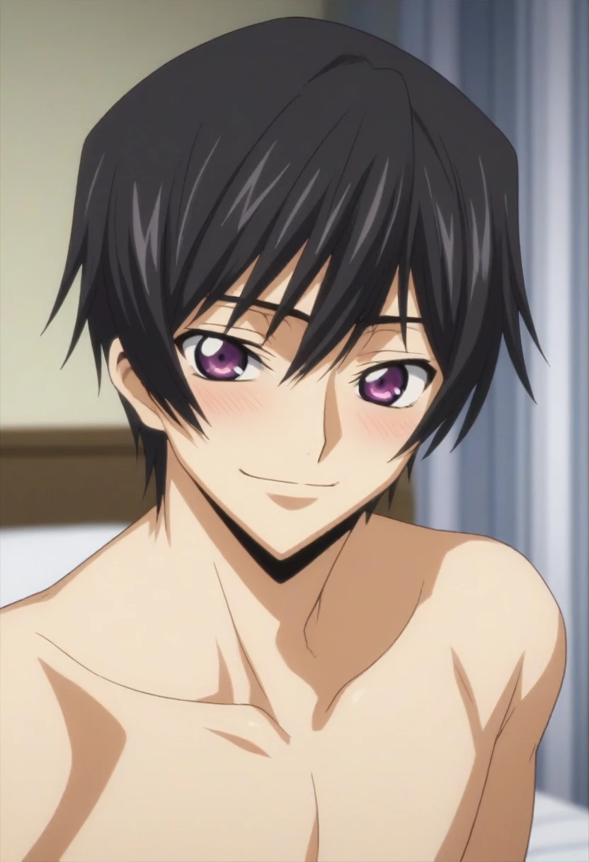 score_9, score_8_up, score_7_up, source_anime, rating_safe, intricate details, anime screencap, , , looking at viewer, depth of field, 1boy, solo, male focus, lelouch_lamperouge, black hair, purple eyes, bangs, smile, blush, cute, naked, castle, bed room, night.