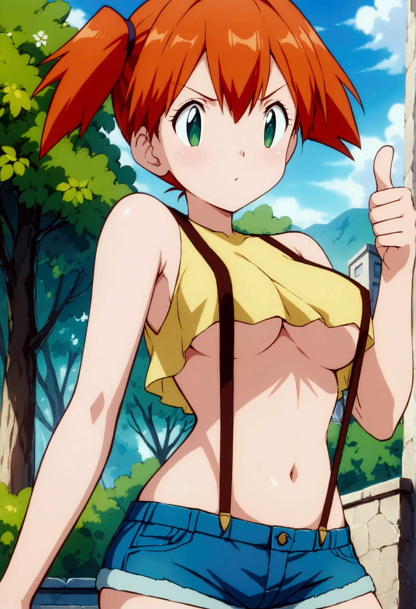 score_9,score_8_up, score_7_up,source_anime.superior, (Insect's Eye).,,,  (mature:1.2) ,1girl, Outdoor, Green Eyes, Orange Hair, , Yellow Shirt, Sleeveless shirt,belly button, Denim shorts, suspenders,  Captivating look,  (slender), delicate curves,under_boob,unity 8k wallpaper.extremely detailed CG, masterpiece,bestquality,(absurdres),contrapposto pose,,thumbs up
